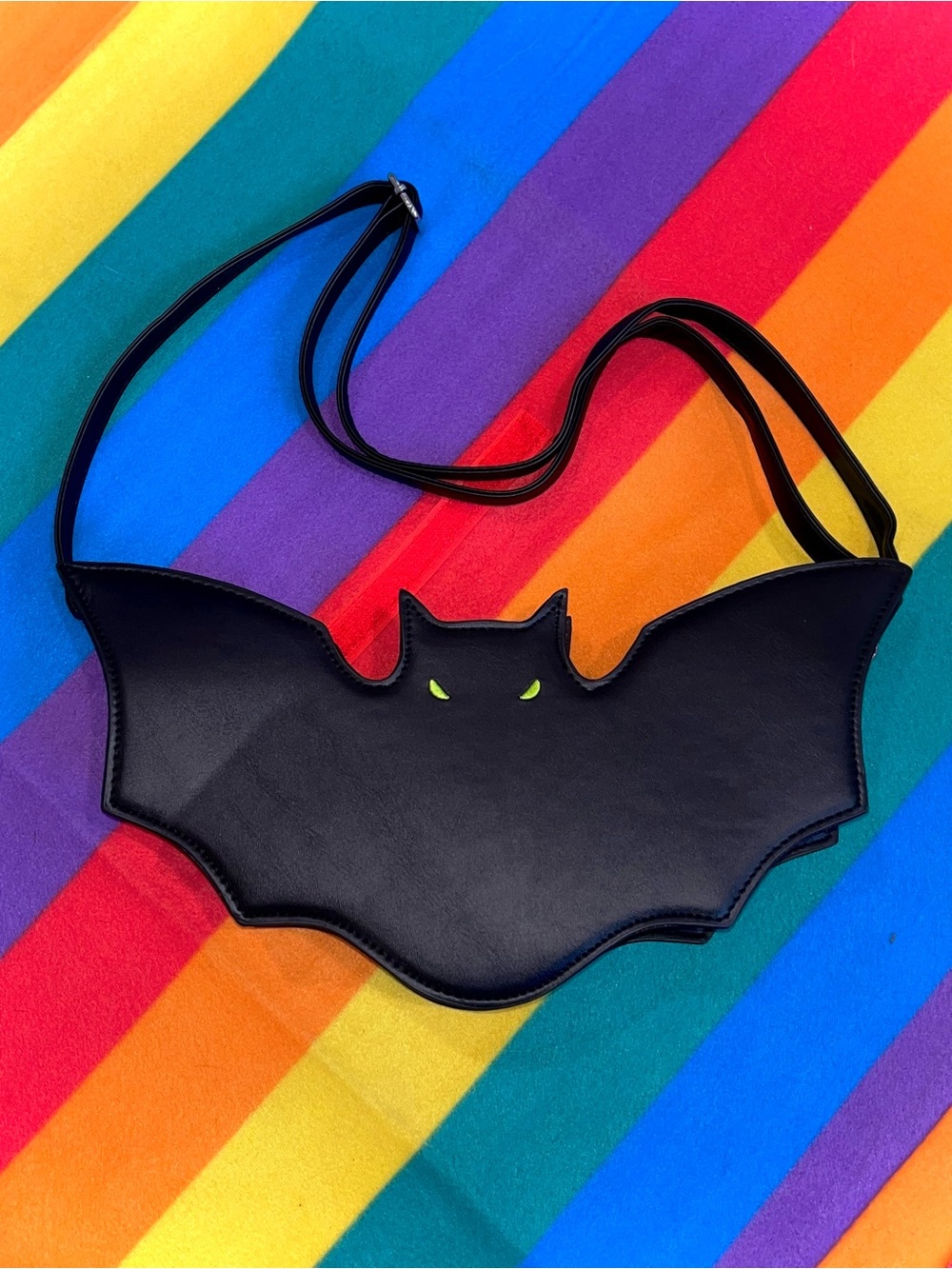 Black Bat Crossbody Shoulder Bag, Faux Leather, Neon Eyes Halloween Purse Gothic